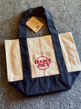 Trader Joe's Canvas Tote Bag in Cream and Navy with Red Logo
